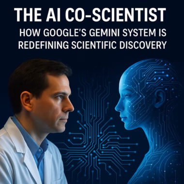 Image shows a scientist looking at artificial intellgence with caption: the AI co-scientist: How Google's Gemini System is Redefining Scientific Discovery