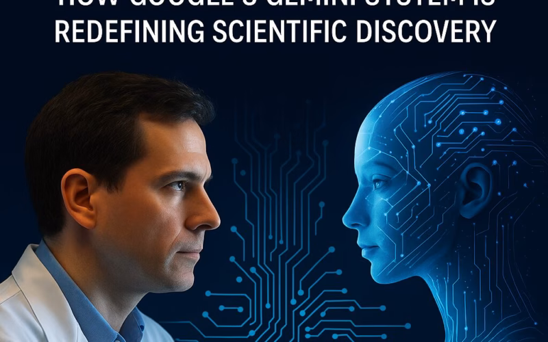Image shows a scientist looking at artificial intellgence with caption: the AI co-scientist: How Google's Gemini System is Redefining Scientific Discovery